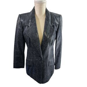 Snake Print Leather Blazer Womens Sz 8P Ellen Tracy Linda Allard Black Blue USA